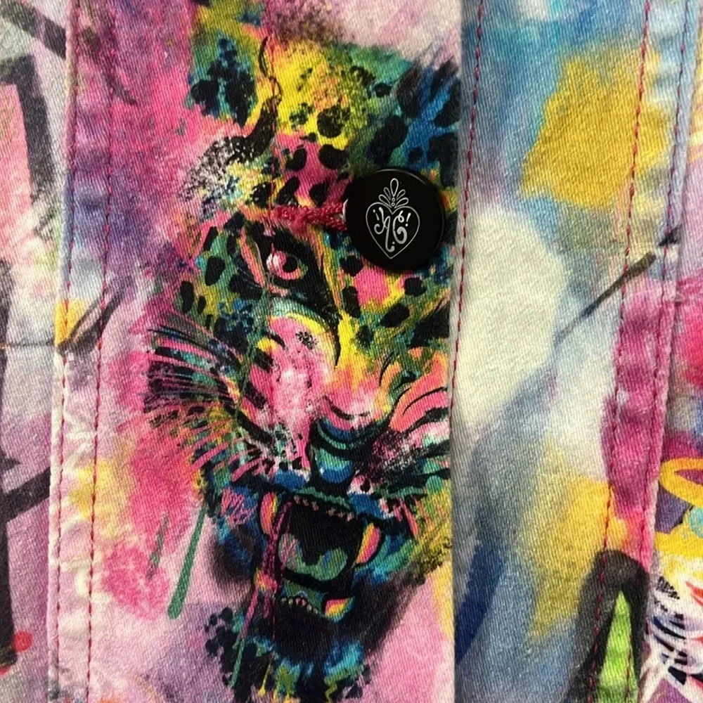 Ay Güey Jaguar & Skull Denim Jacket Artistic Colorful Size Small Edgy Streetwear - Picture 2 of 10